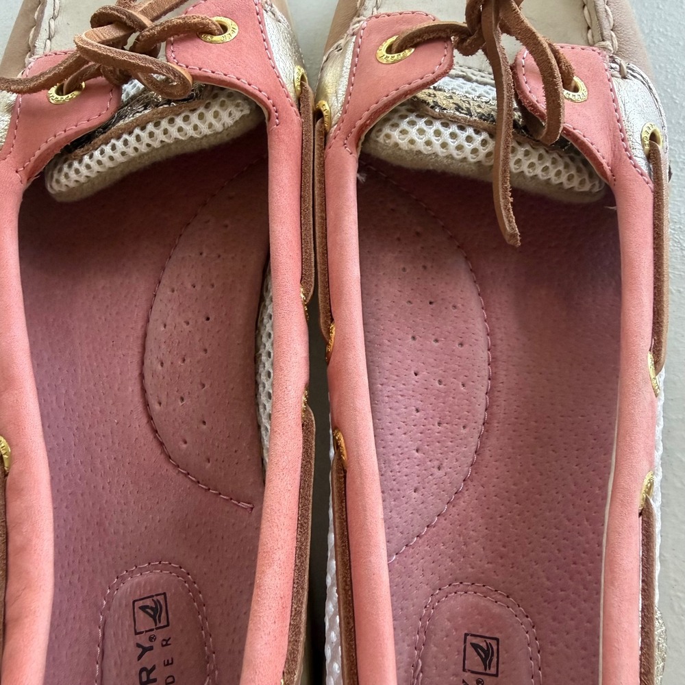 Sperry TopSider Women 9.5 Pink Tan Gold Leather Mesh Angelfish Boat Shoes Preppy - Picture 8 of 15